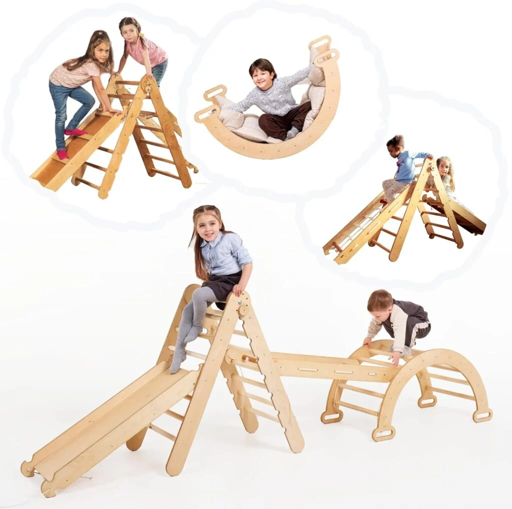 GOODEVAS 4-in-1 Wooden Climbing Playset for Toddlers